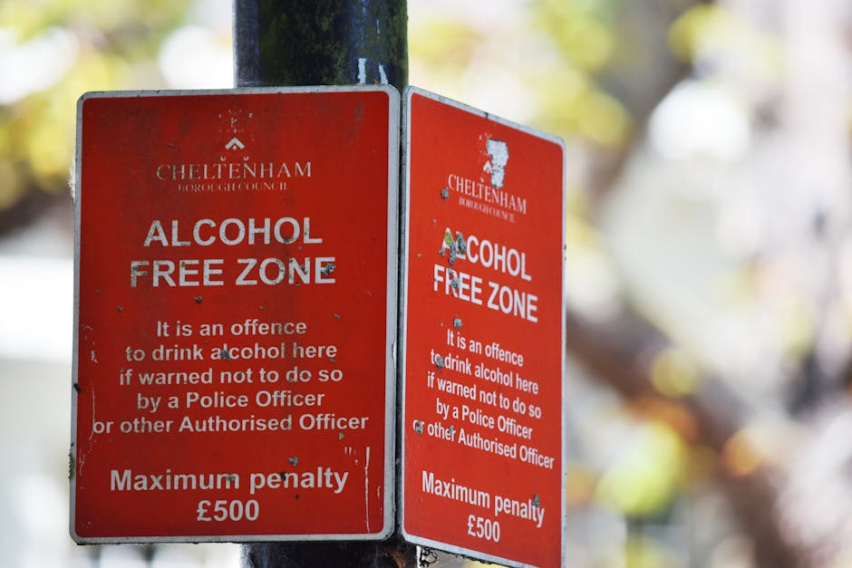 Two red, rectangular alcohol-free zone signs mounted on a black metal pole outside a property, with one sign slightly behind the other. The signs display the logo of Cheltenham Borough Council and have white text indicating it is a designated alcohol-free zone, with a warning that drinking alcohol here may result in a maximum penalty of £500. The signs are weathered with visible scratches and small dents, and are positioned close to a doorway or entrance area. In the background, there are blurred elements of sunlight filtering through trees, suggesting an outdoor setting. The scene appears to be during daytime, with natural lighting highlighting the signs and their surroundings. These signs are relevant for property and street management related to house removals and moving logistics, as they indicate restrictions on alcohol consumption in the vicinity of residential or commercial properties managed by the local council, which may be relevant during a home relocation or furniture transport process conducted by Man with Van Colney Hatch.